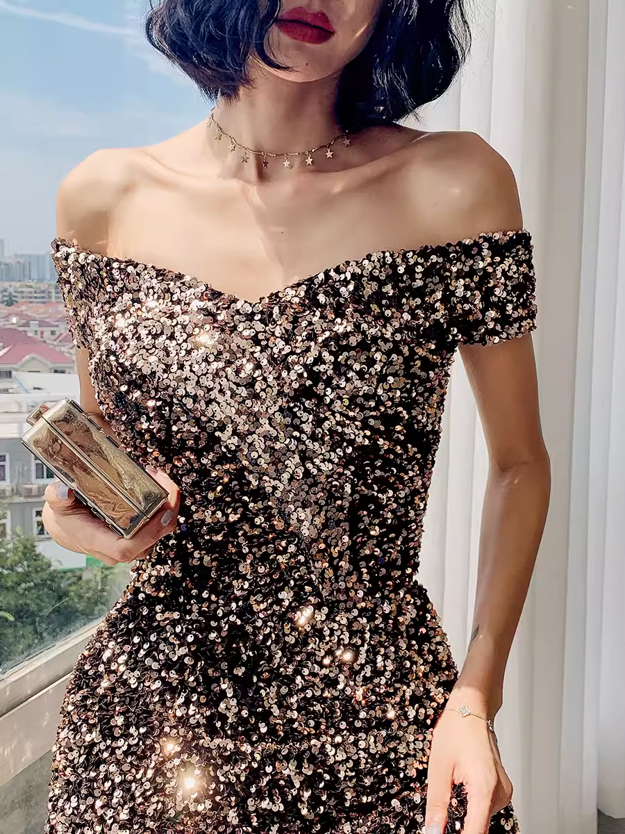 Simple A line Sequin Prom Dresses Evening Dress P2063