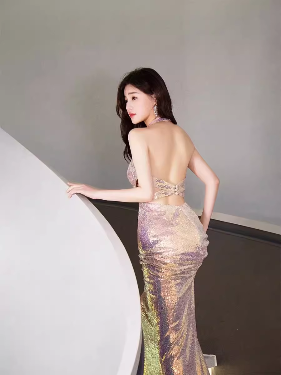Mermaid Halter Sequin Backless Prom Dresses Evening Dress P2062