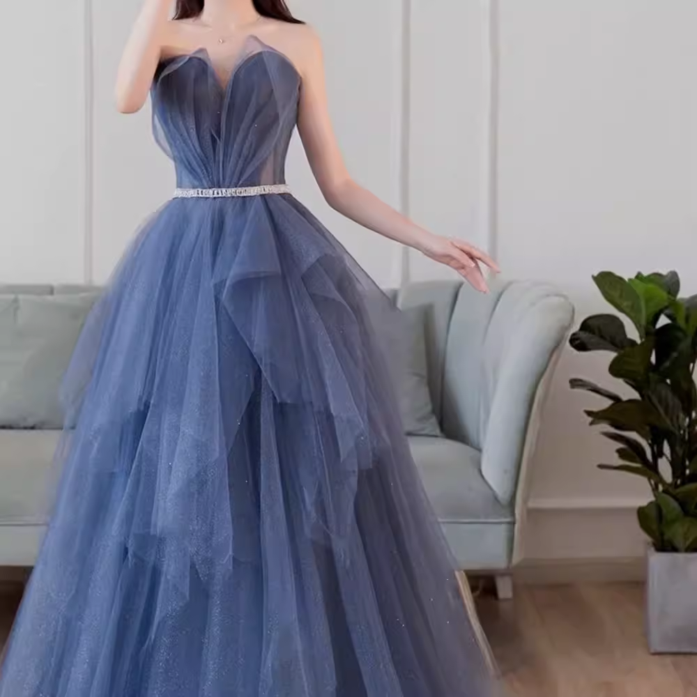 Simple Ball Gown Strapless Tulle Prom Dresses Evening Dress P2148