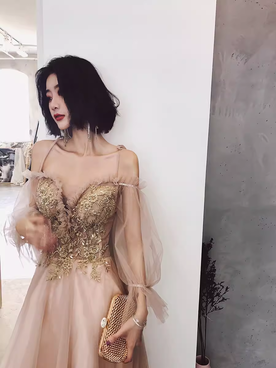 Simple A Line Long Sleeves Champagne Tulle Prom Dresses Evening Dress P2150