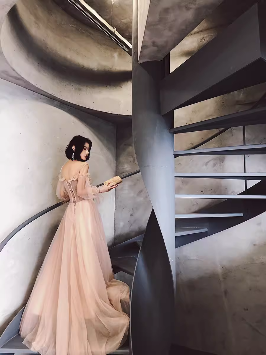 Simple A Line Long Sleeves Champagne Tulle Prom Dresses Evening Dress P2150