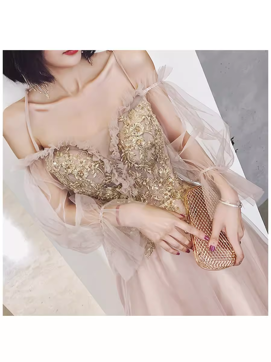 Simple A Line Long Sleeves Champagne Tulle Prom Dresses Evening Dress P2150