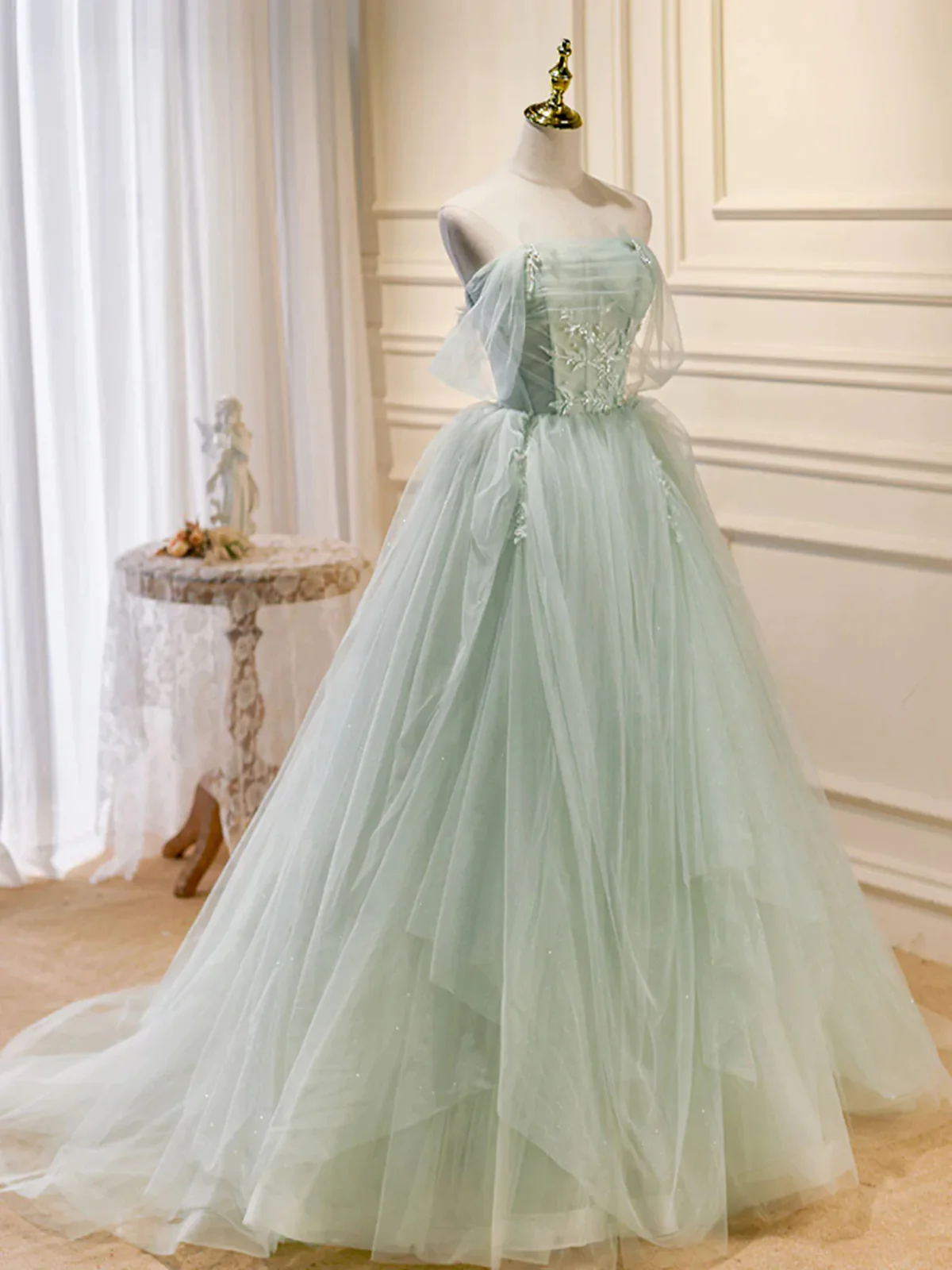 Off the Shoulder Green Tulle Long Prom Dresses P2199