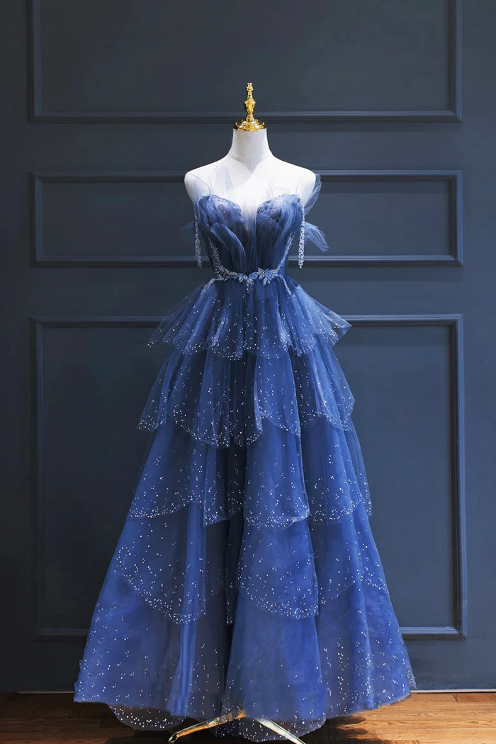 A line Royal Blue Tulle Beaded Long Senior Prom Dress P2206