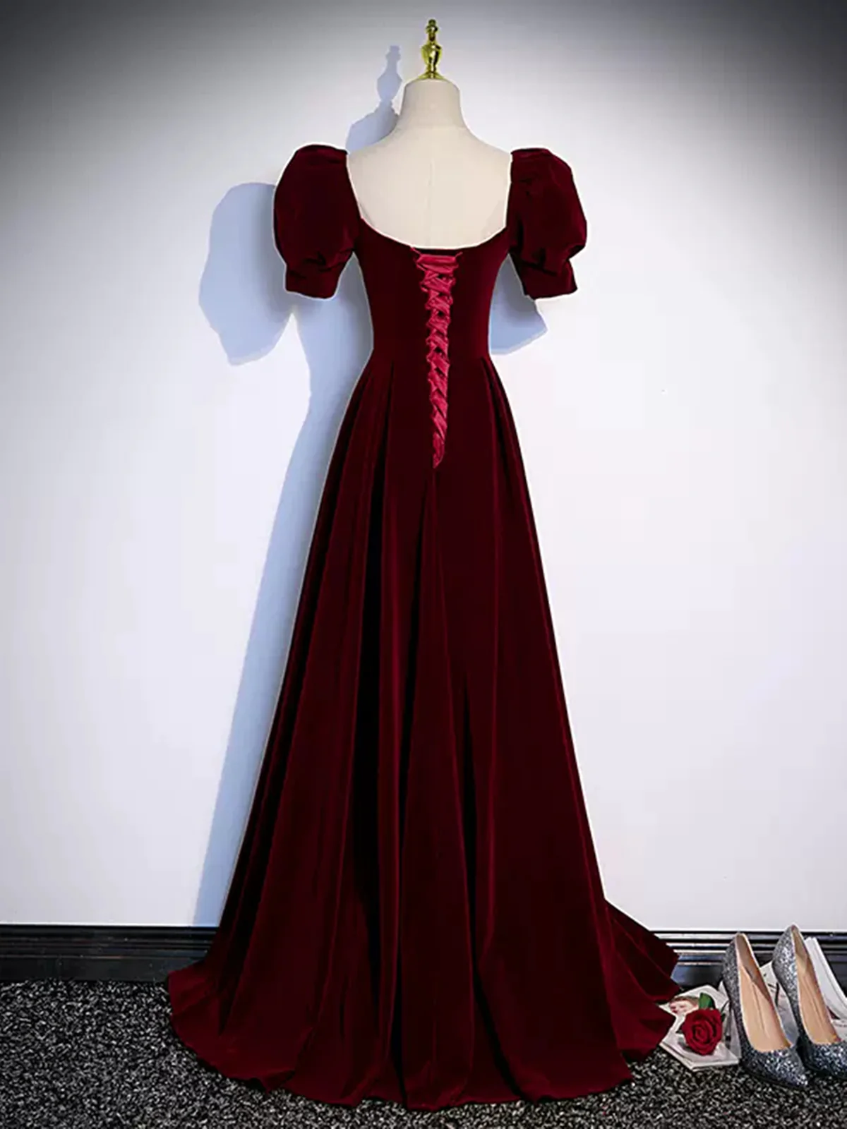 Cute Short Sleeves Burgundy Long Prom Dresses P2234