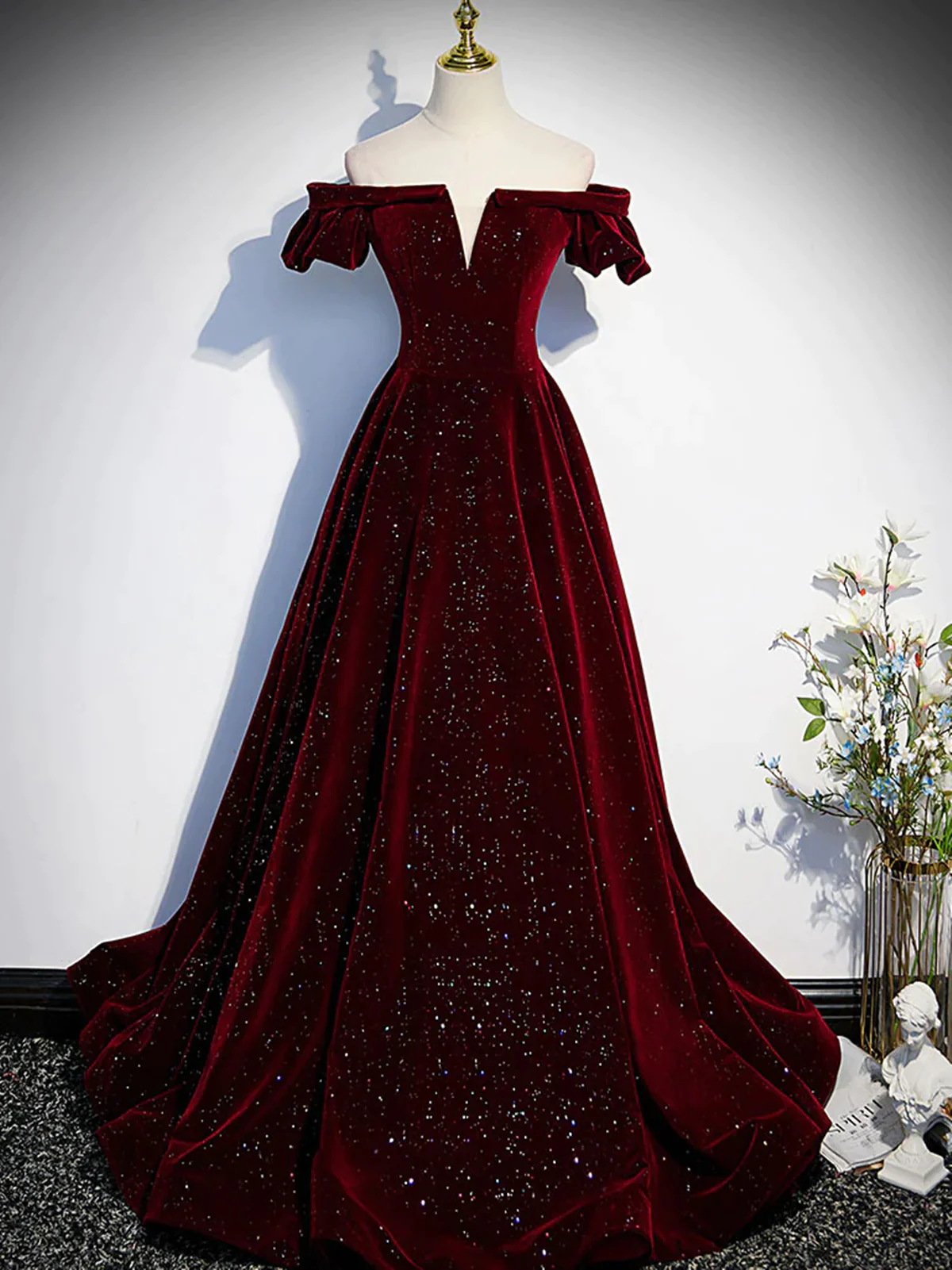 Shiny Off the Shoulder Burgundy Long Prom Dresses P2239