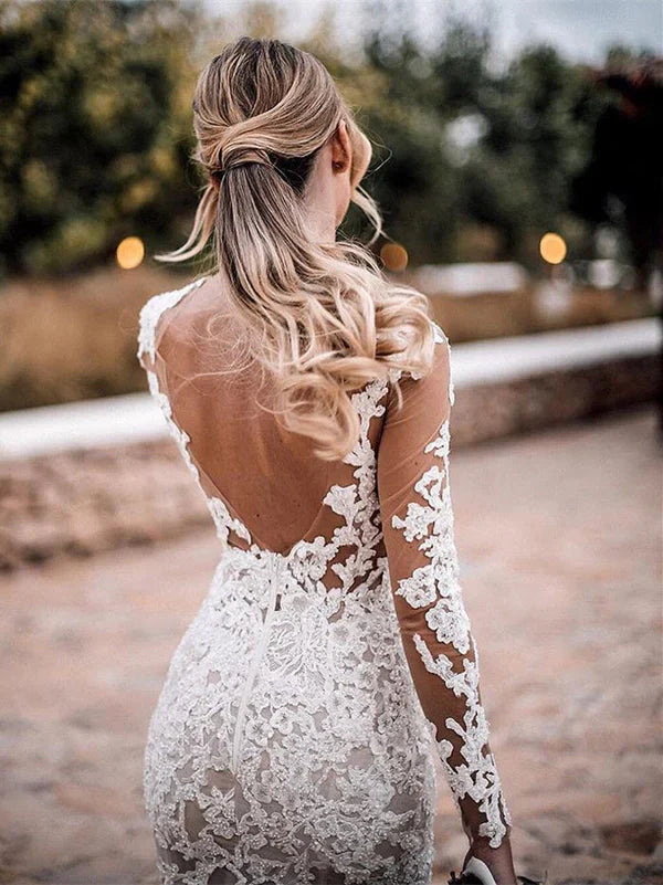 Stunning Bateau Lace Wedding Dresses Sheath Long Sleeves Gowns Floor Length Elegant