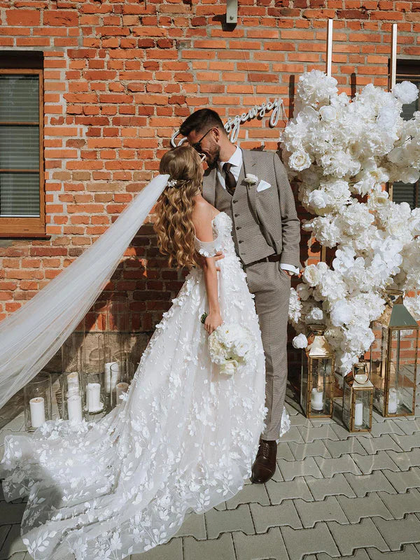 Off The Shoulder 3D Flower Lace Beach Wedding Dresses Rustic Boho Wedding Dress Sexy