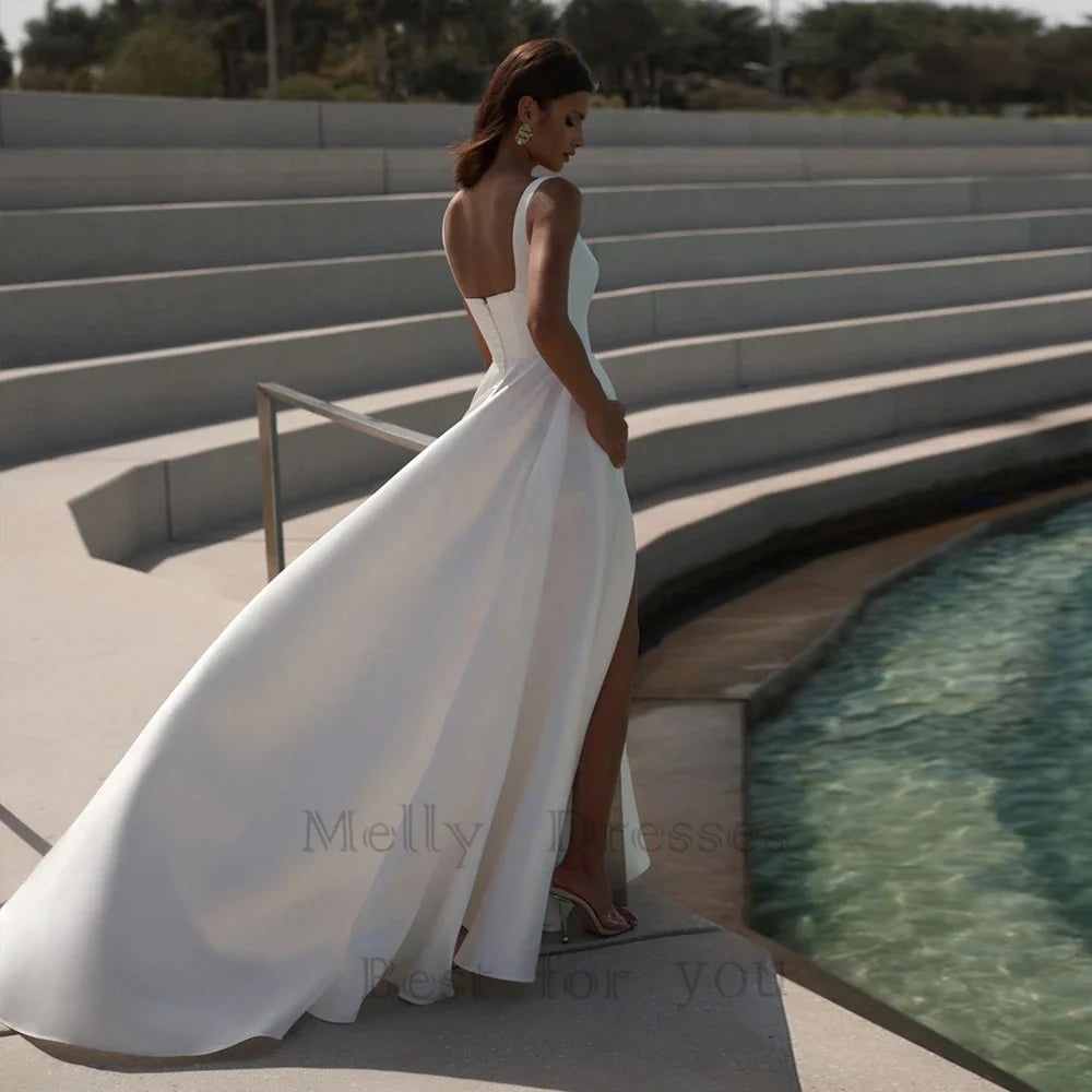 Simple Square Neck Wedding Dresses With Side Slit Elegant Bridal Gown Open Back Design