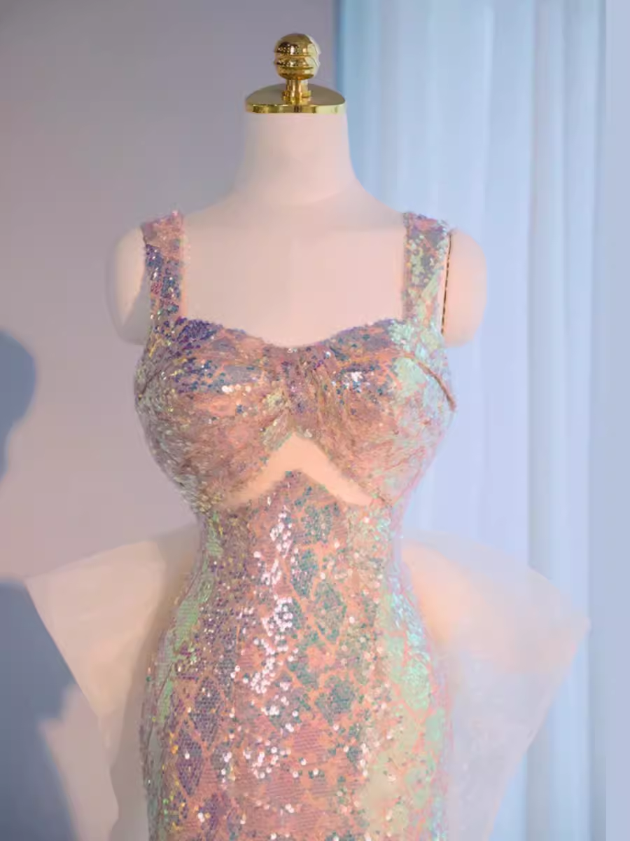 Vintage Mermaid Straps Sequin Beads Long Prom Dress Formal Dresses PD0046