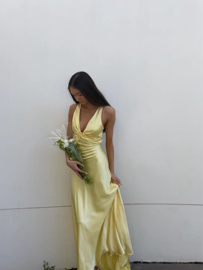 Simple A-Line V Neckline Grape Satin Long Prom Dresses Formal Evening Dress SD1389
