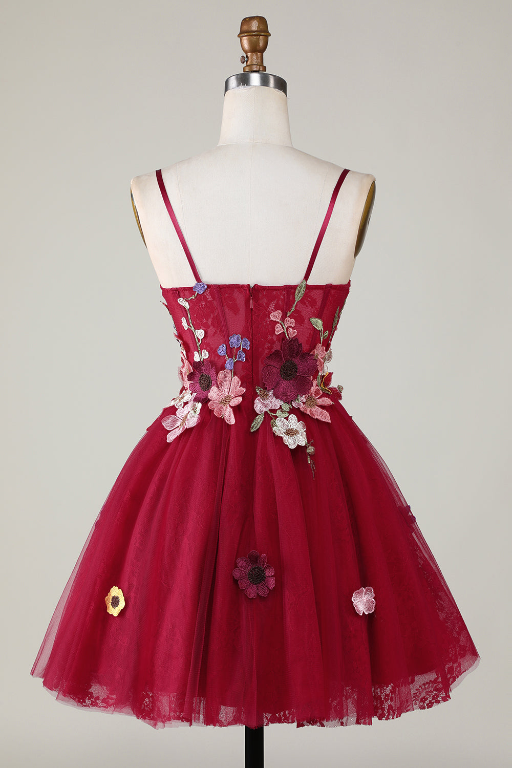 3D Floral Spaghetti Strap A-Line Short Party Dress in Red