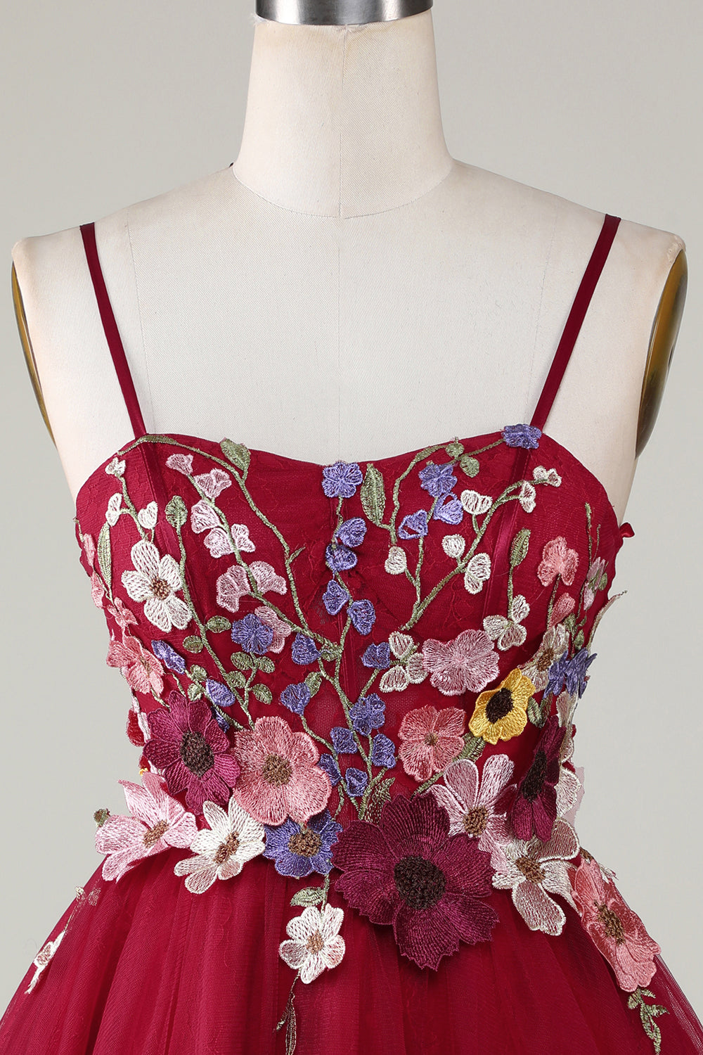 3D Floral Spaghetti Strap A-Line Short Party Dress in Red