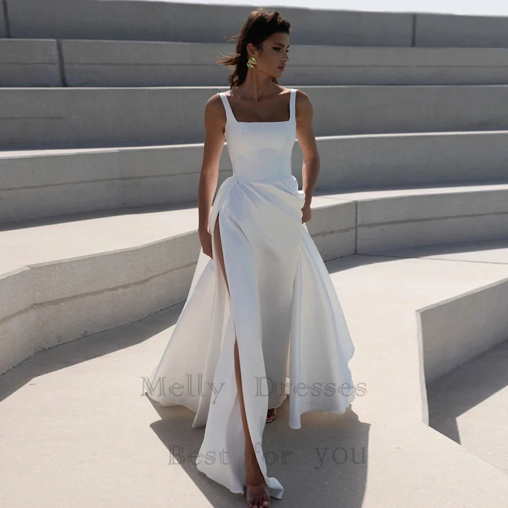 Simple Square Neck Wedding Dresses With Side Slit Elegant Bridal Gown Open Back Design