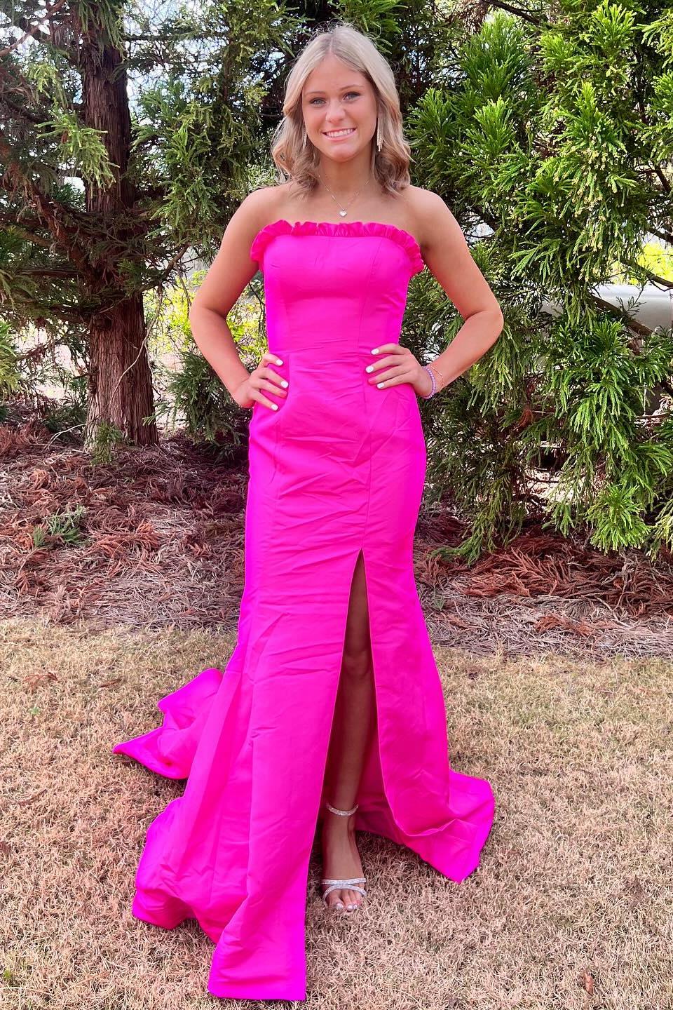 Classy Red Strapless Satin Mermaid Long Prom Dress with Slit