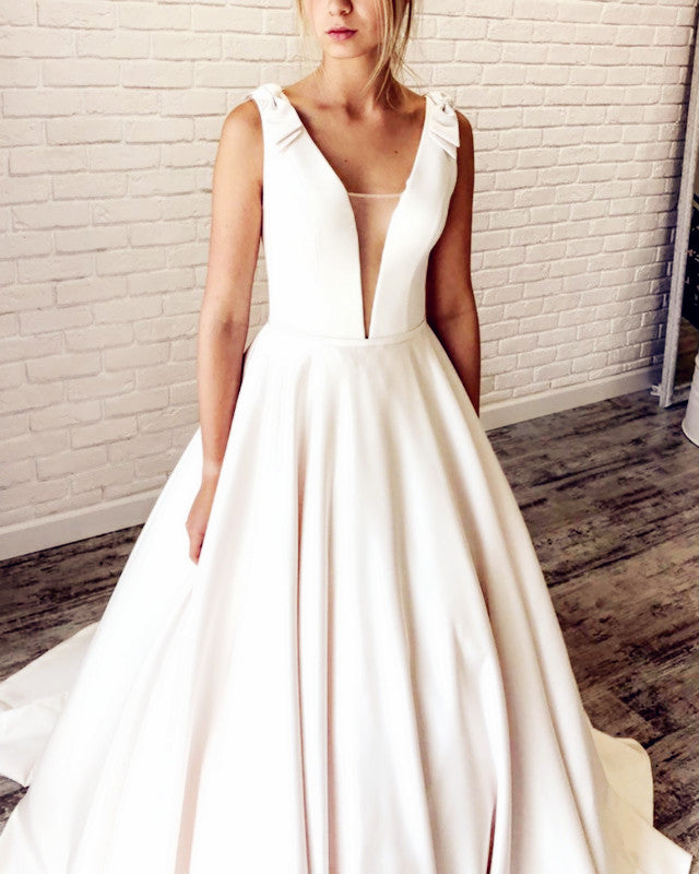 Simple Satin Wedding Dress Plunge Neck