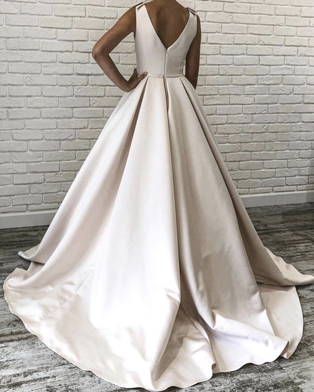 Simple Satin Wedding Dress Plunge Neck
