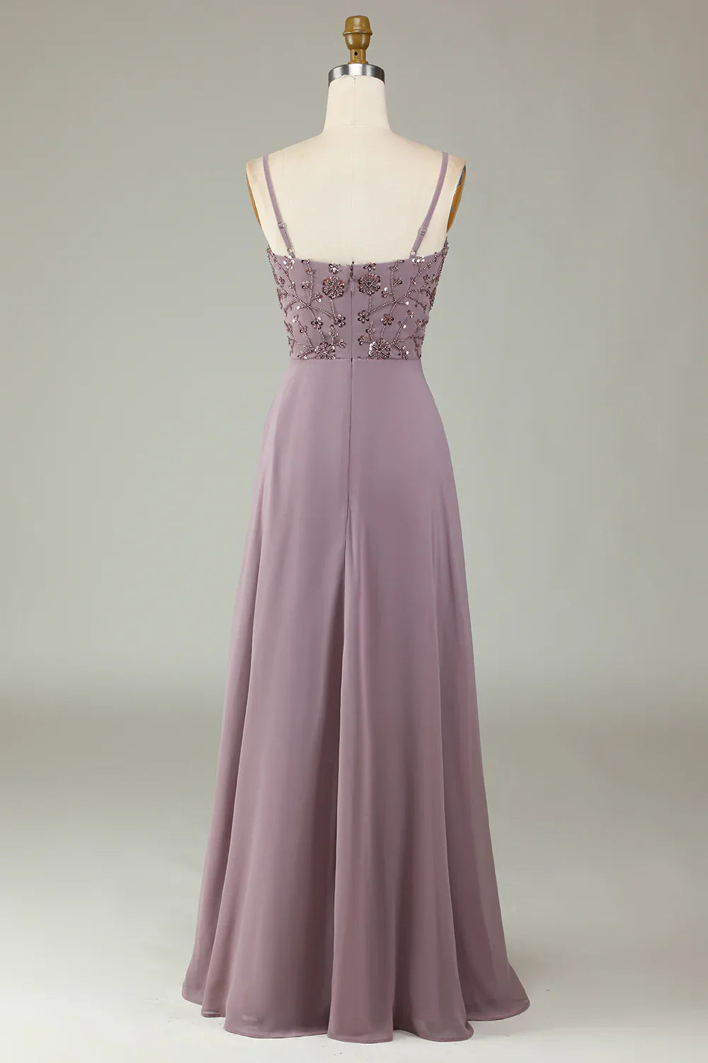 Thin shoulder strap beaded grey pink bridesmaid dress