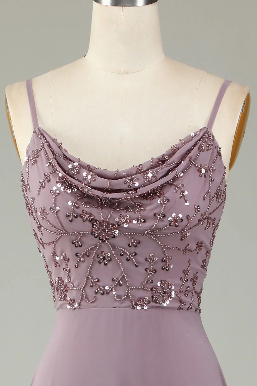 Thin shoulder strap beaded grey pink bridesmaid dress