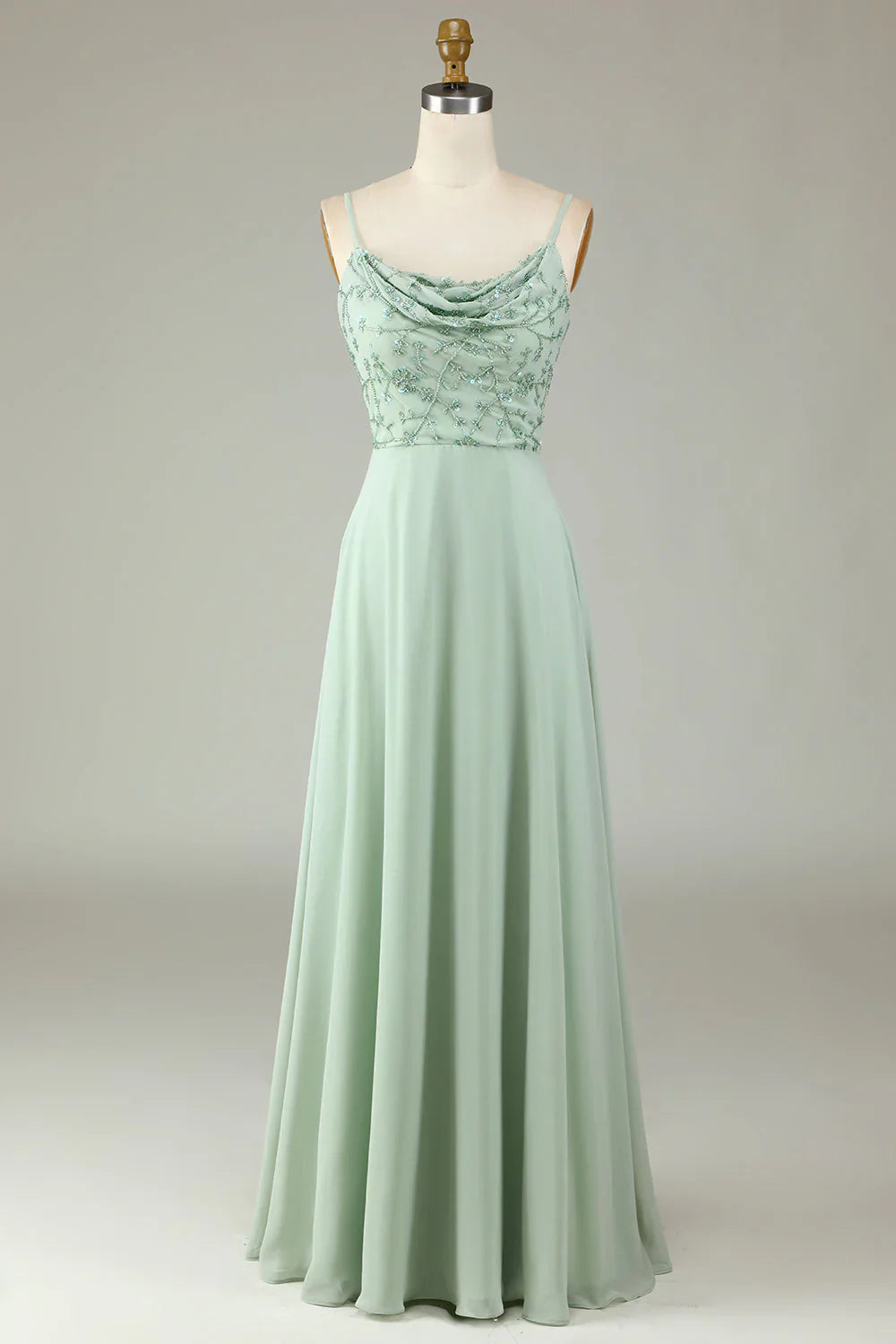 Thin shoulder strap beaded grey pink bridesmaid dress