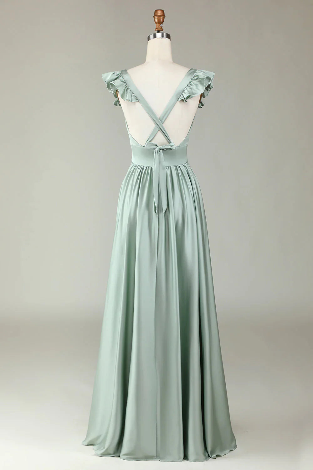 Deep V-neck ruffled matcha long bridesmaid dress