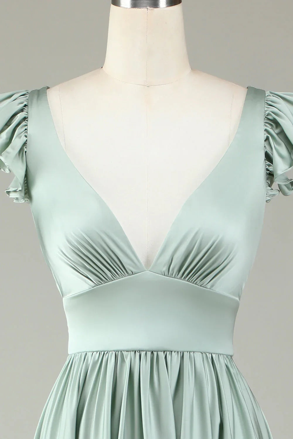 Deep V-neck ruffled matcha long bridesmaid dress