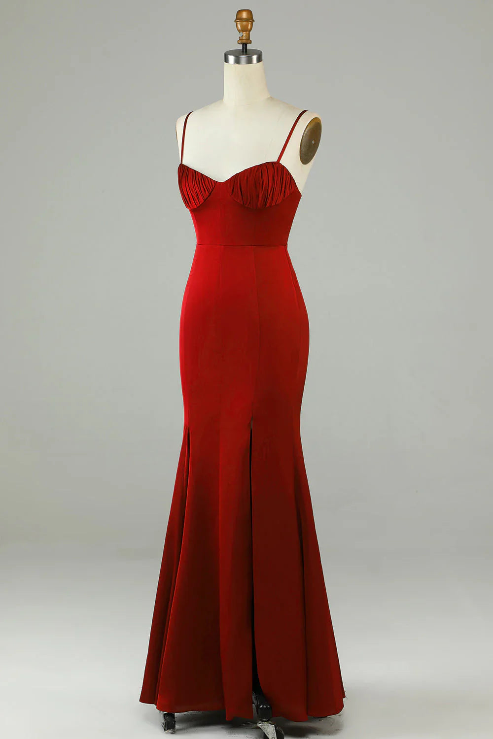 Fish tail thin shoulder strap wine red slit long bridesmaid dress