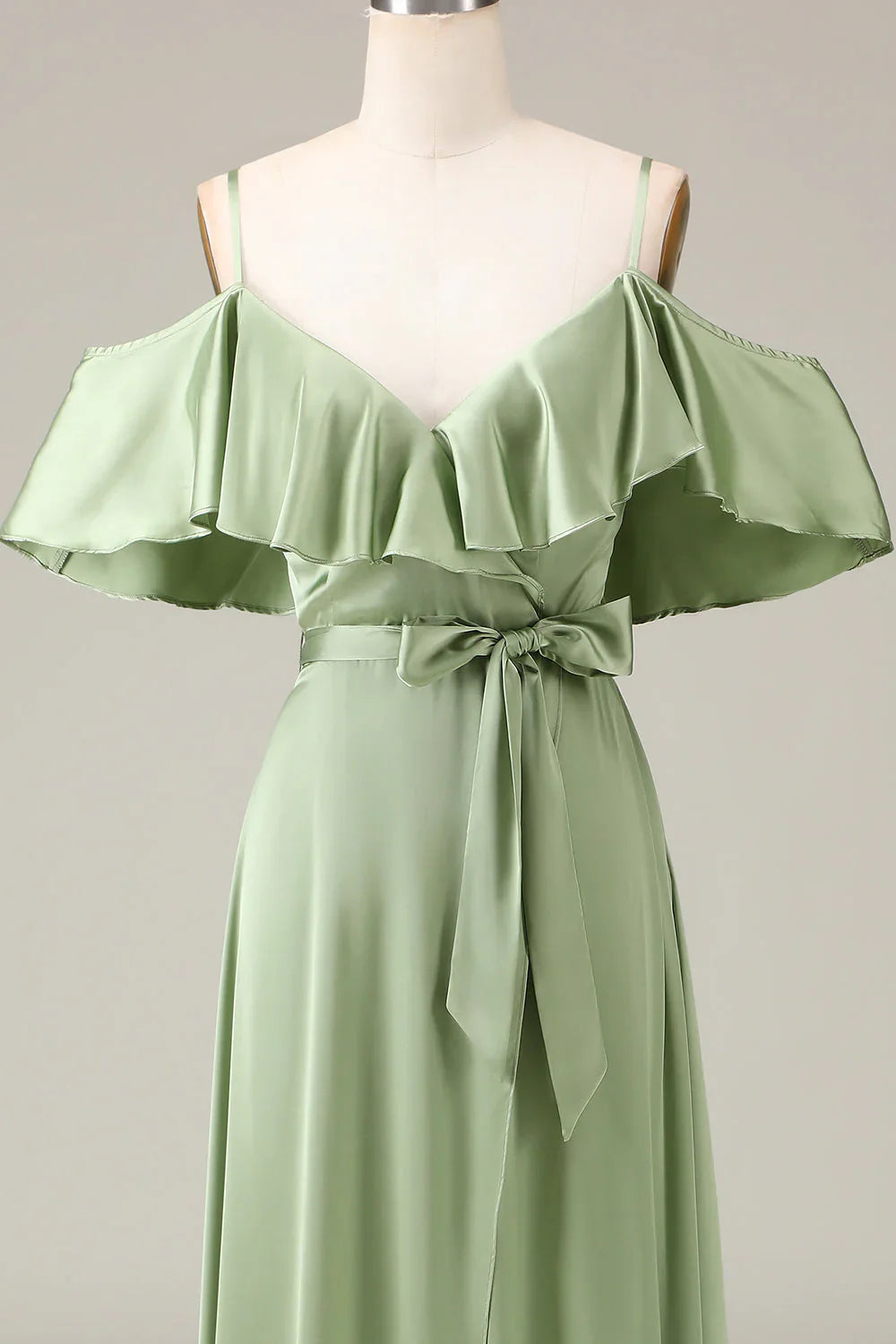 Matcha thin shoulder strap off shoulder A-line satin bridesmaid dress