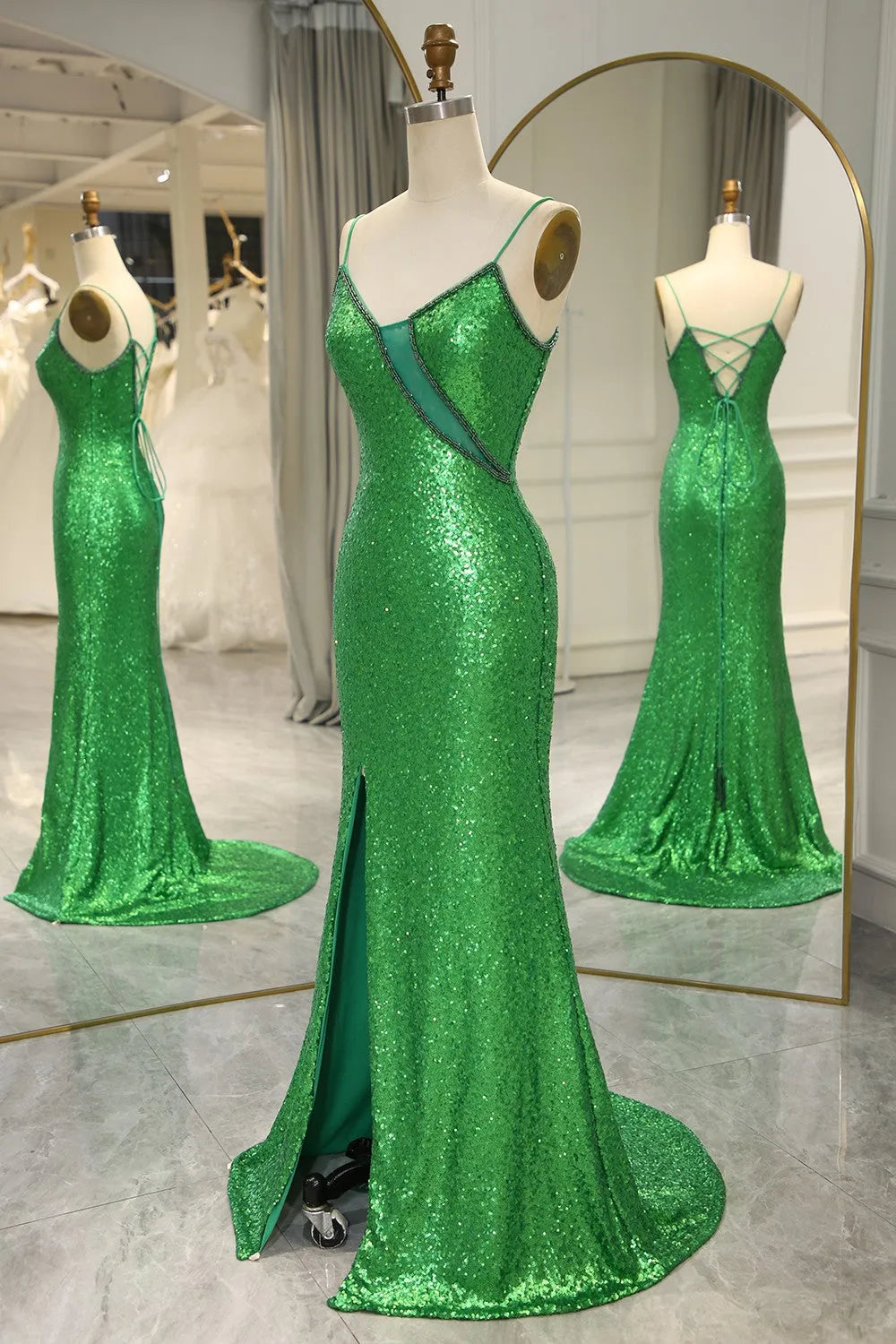 Spaghetti Straps Lace Up Long Prom Dress with Split Sparkly