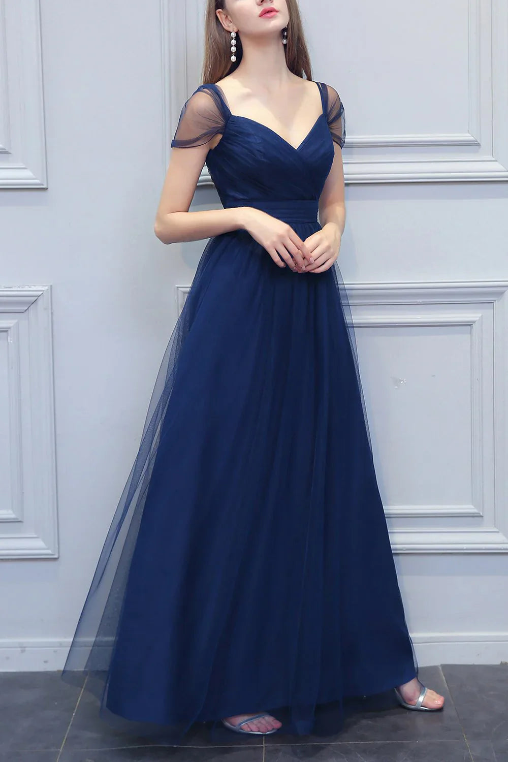 A-shaped V-neck long sheer bridesmaid dress