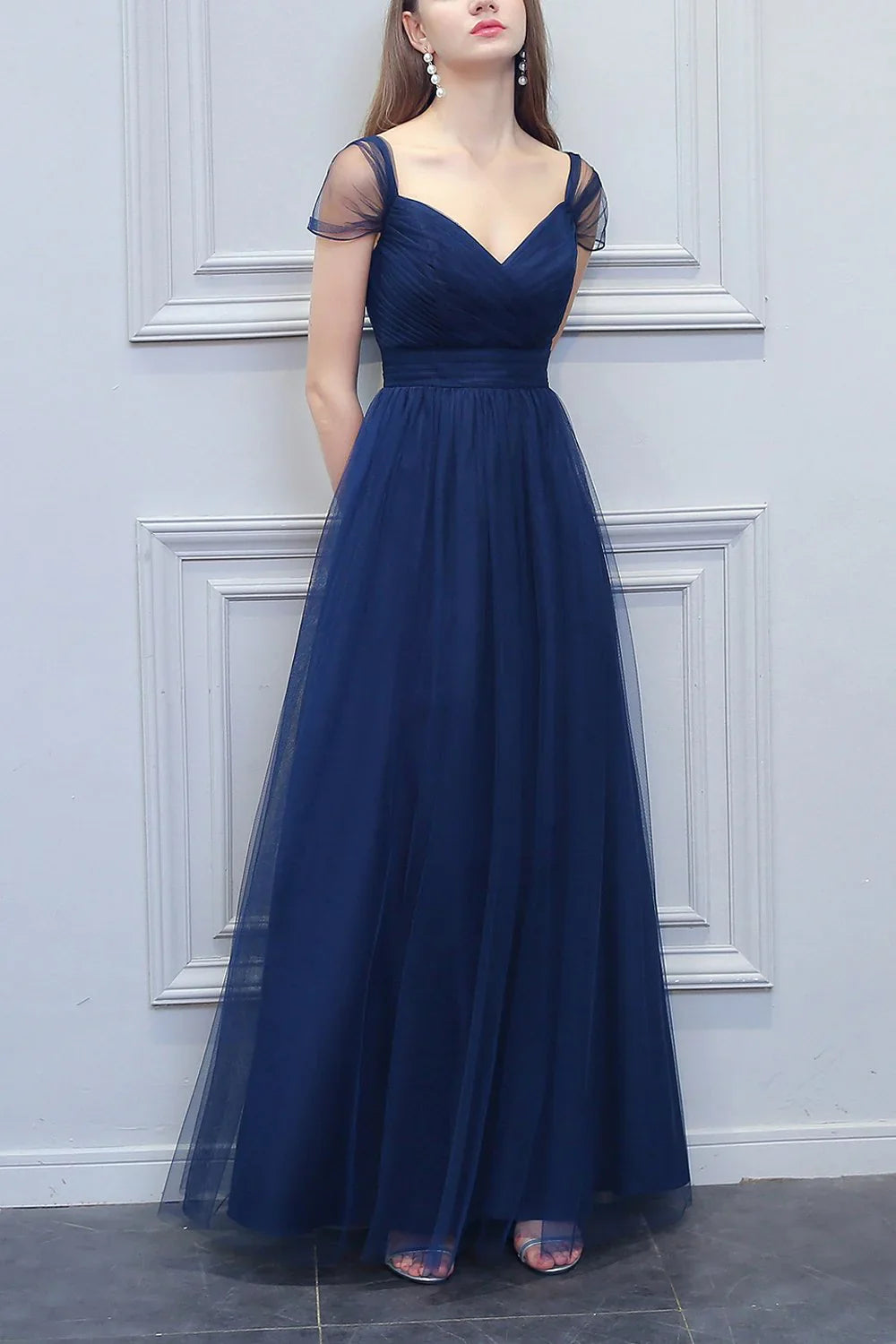 A-shaped V-neck long sheer bridesmaid dress