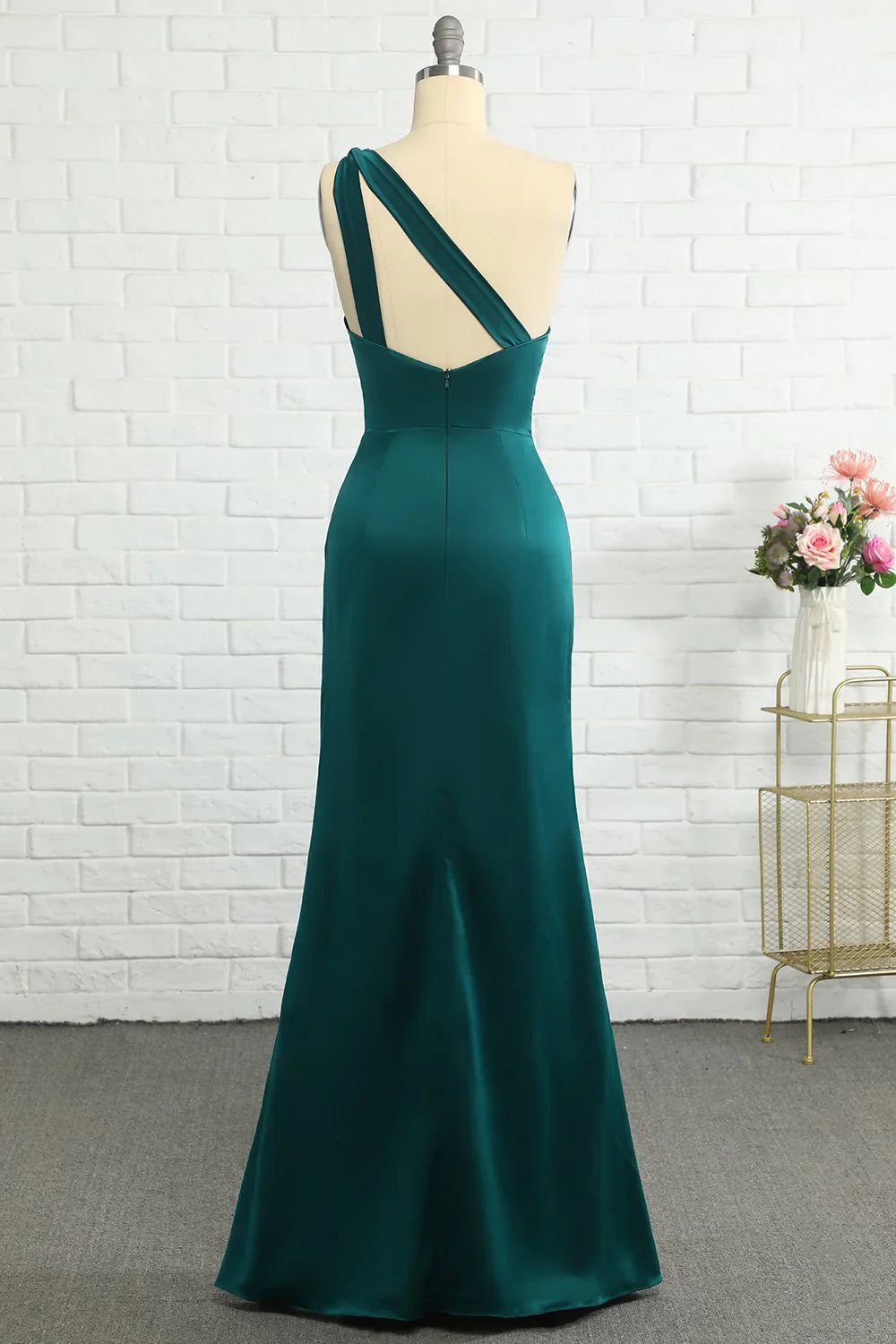Fish tail one shoulder deep green long bridesmaid dress