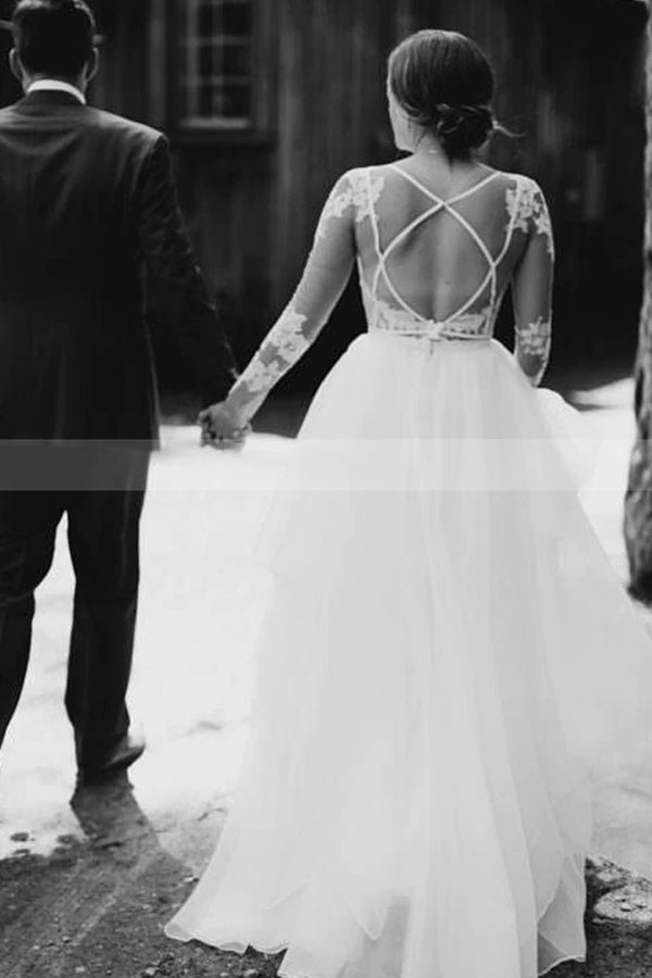 A-Line Lace Long Sleeve Sheer Floor Length Wedding Dress with Tulle