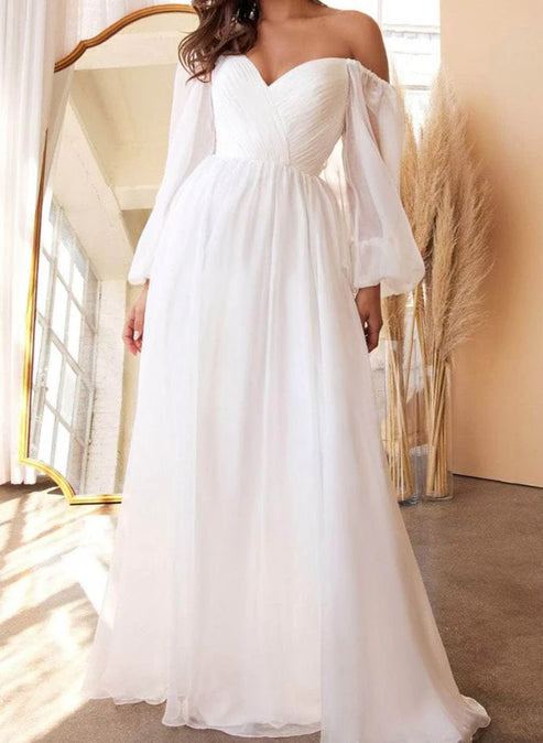 A-Line Off-the-Shoulder Long Sleeves Chiffon Floor-Length Wedding Dress Elegant
