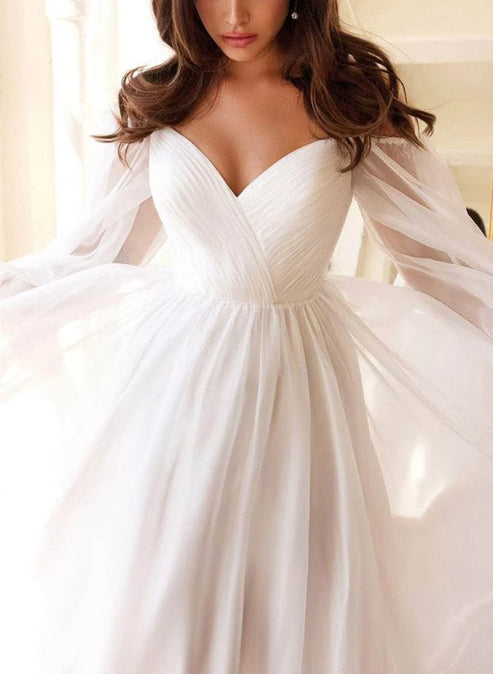 A-Line Off-the-Shoulder Long Sleeves Chiffon Floor-Length Wedding Dress Elegant
