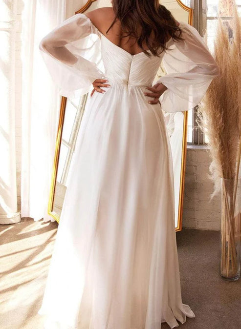 A-Line Off-the-Shoulder Long Sleeves Chiffon Floor-Length Wedding Dress Elegant