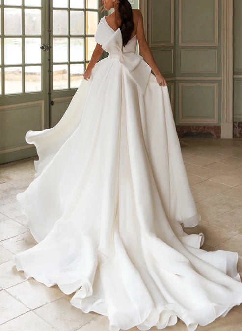 A-Line One-Shoulder Organza Sweep Train Wedding Dress With Appliques And Bow