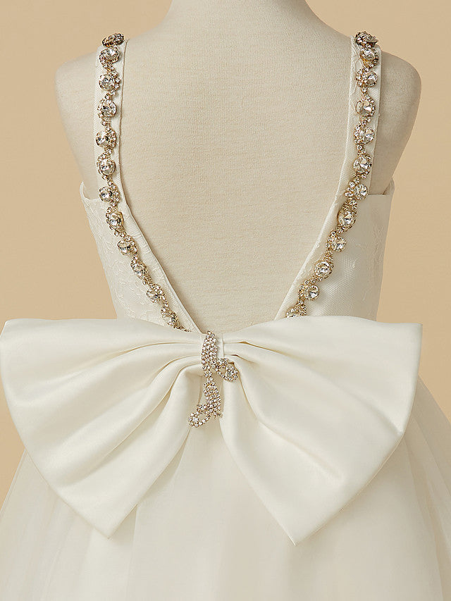 A-Line Sleeveless Straps Ankle Length Flower Girl Dress with Bow Beading and Lace Tulle