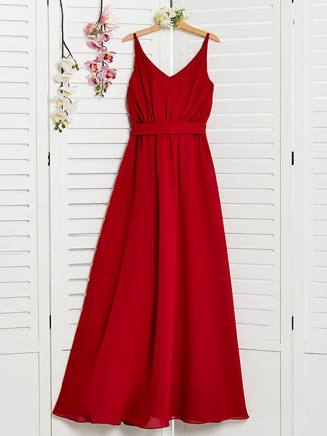 A-Line Spaghetti Strap Floor Length Chiffon Junior Bridesmaid Dress with Sash Ribbon and Ruching
