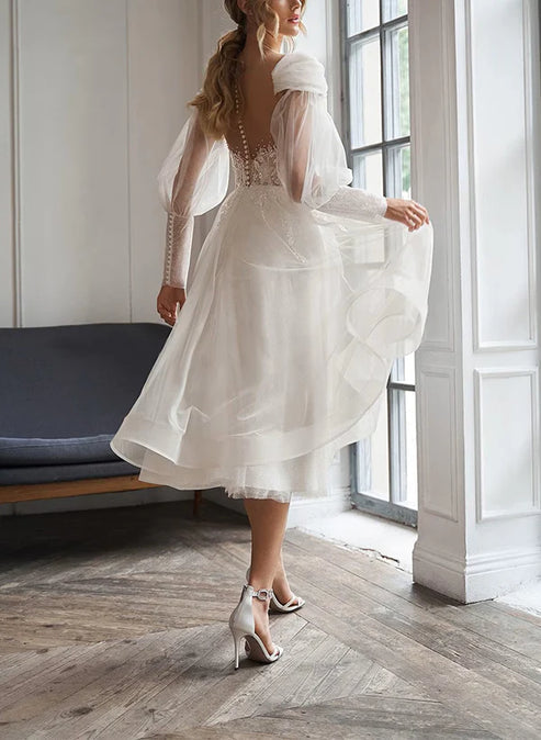 A-Line Sweetheart Long Sleeves Elegant Tulle Wedding Dresses With Appliques Lace Beautiful