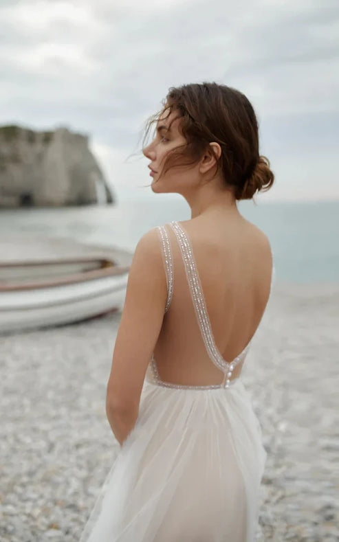 A-Line Tulle Gorgeous Deep V-Neck Open Back Double Layers Elegant Floor Length Long Dress With Sequin Sexy
