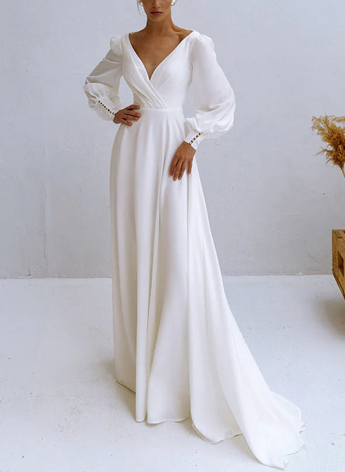 A-Line V-Neck Long Sleeves Chiffon Wedding Dresses With Beading Elegant