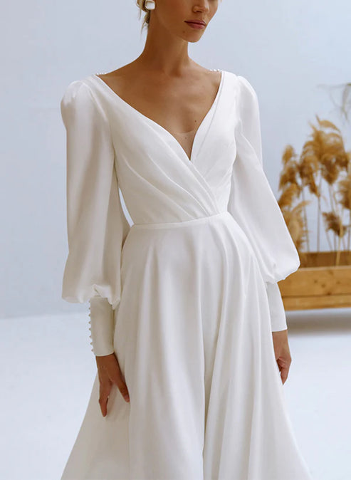 A-Line V-Neck Long Sleeves Chiffon Wedding Dresses With Beading Elegant