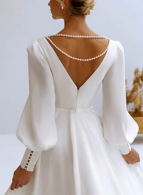 A-Line V-Neck Long Sleeves Chiffon Wedding Dresses With Beading Elegant