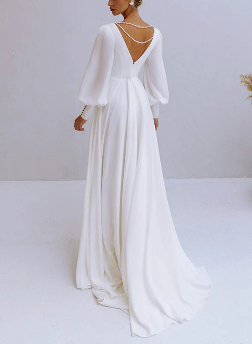 A-Line V-Neck Long Sleeves Chiffon Wedding Dresses With Beading Elegant