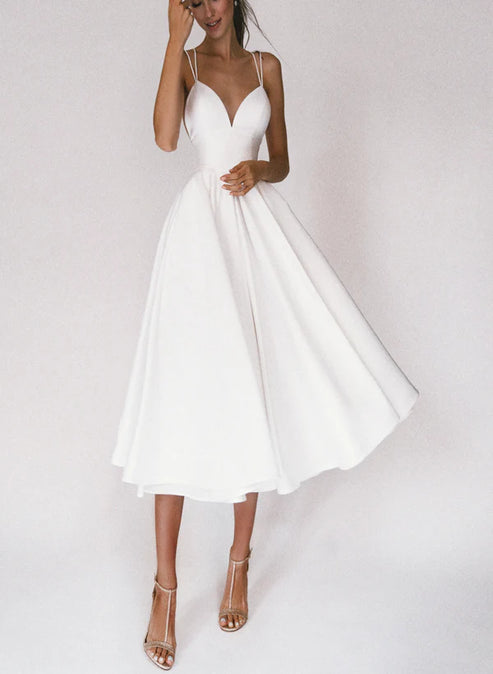 A-Line V-Neck Sleeveless Satin Knee-Length Wedding Dress White Simple