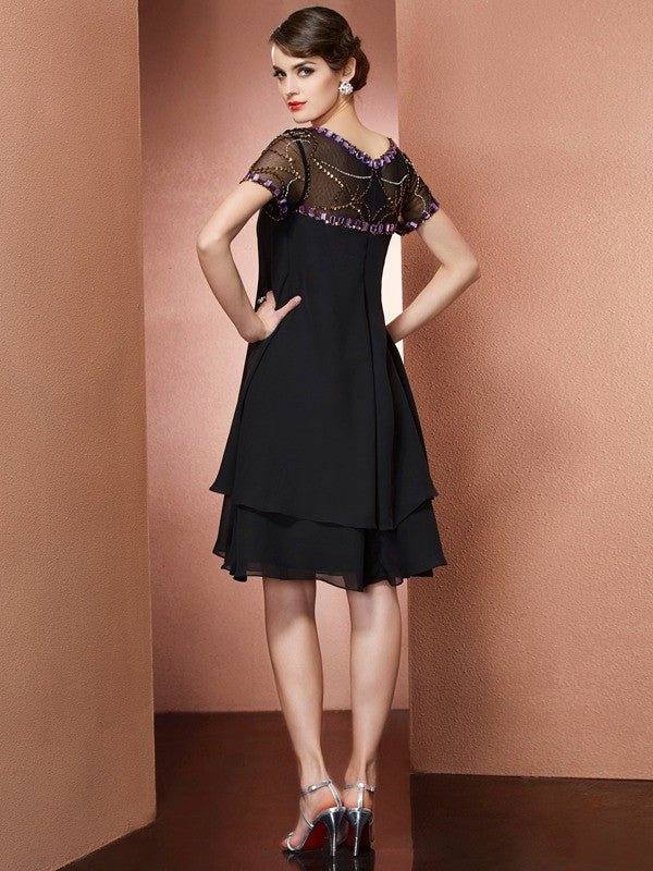 A-Line/Princess Scoop Short Sleeves Beading Short Chiffon Mother of the Bride Dresses - RongMoon