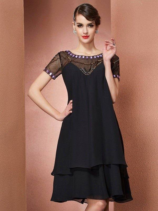 A-Line/Princess Scoop Short Sleeves Beading Short Chiffon Mother of the Bride Dresses - RongMoon