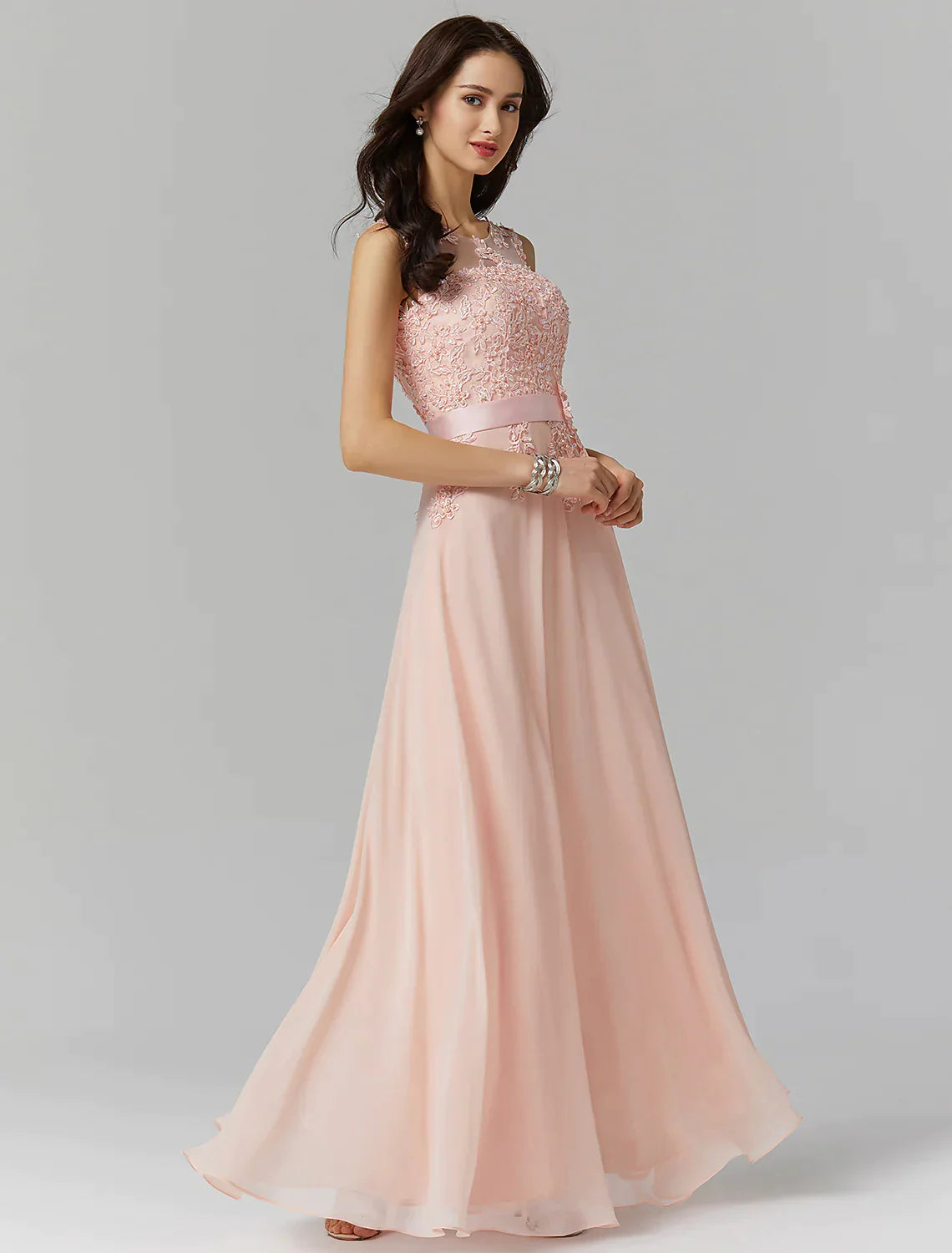 A-Line Evening Gown Wedding Floor Length Sleeveless Georgette with Appliques