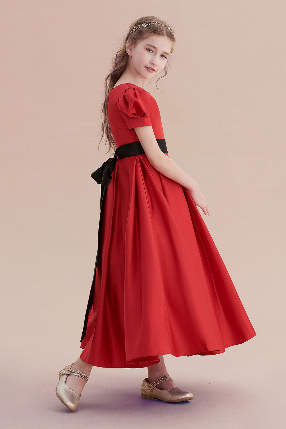 Awesome Short Sleeve A-line Satin Flower Girl Dress with Ribbons